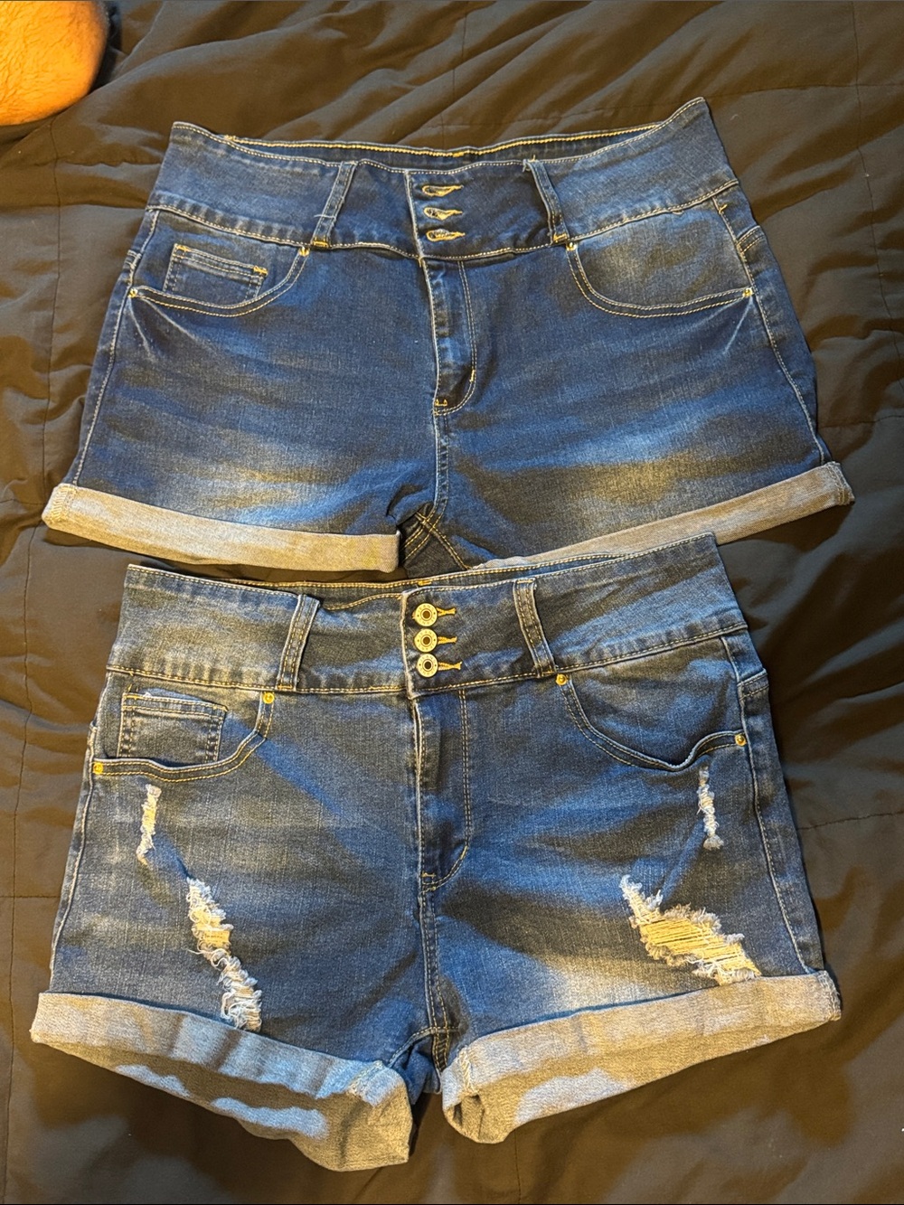 Women's High-Waist Dark Blue Denim Roll-Cuff Shorts